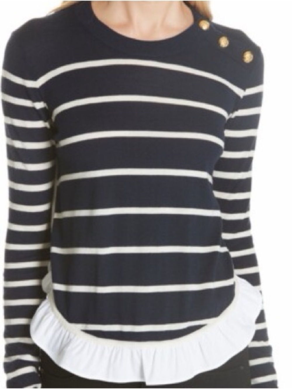 Veronica Beard Ollie ruffle hem striped merino wool sweater (122)